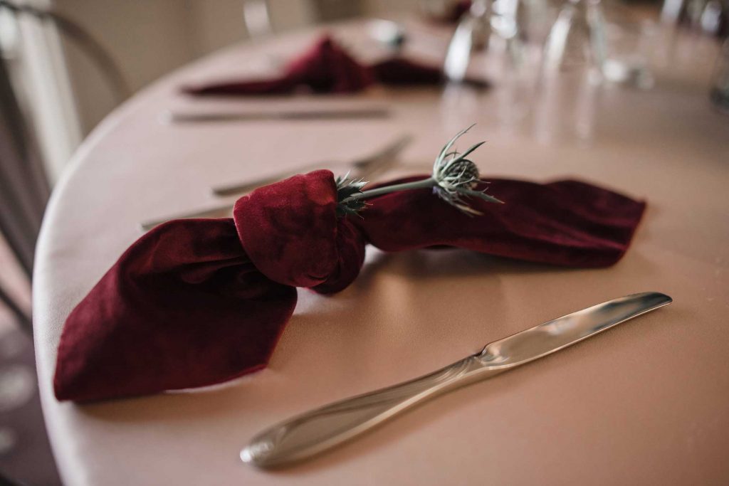 Burgundy and blush table linens